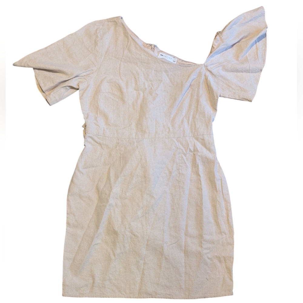 Asos Beige Linen Dress 6 Tie Back Asymmetrical Neckline Midi Zip